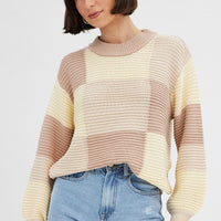 Beige Knit Top Round Neck Long Sleeve Patchwork