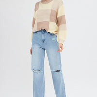 Beige Knit Top Round Neck Long Sleeve Patchwork