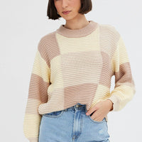Beige Knit Top Round Neck Long Sleeve Patchwork