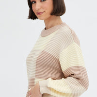 Beige Knit Top Round Neck Long Sleeve Patchwork