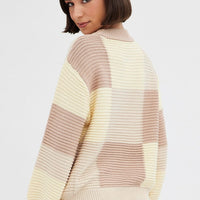Beige Knit Top Round Neck Long Sleeve Patchwork