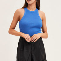 Blue Round Neck Rib Knit Tank Top