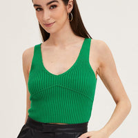 Green Knit Top Sleeveless Crop V-Neck