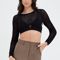Black Knit Top Long Sleeve Openwork Cropped