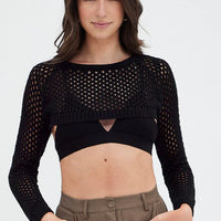 Black Knit Top Long Sleeve Openwork Cropped