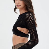 Black Knit Top Long Sleeve Openwork Cropped