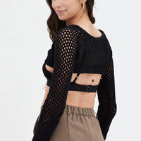 Black Knit Top Long Sleeve Openwork Cropped