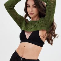 Green Knit Top Long Sleeve Openwork Cropped