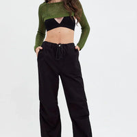 Green Knit Top Long Sleeve Openwork Cropped