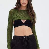 Green Knit Top Long Sleeve Openwork Cropped