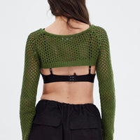 Green Knit Top Long Sleeve Openwork Cropped
