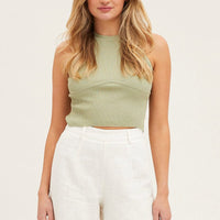 Green Knit Top Sleeveless Crop Round Neck