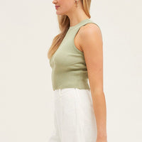 Green Knit Top Sleeveless Crop Round Neck