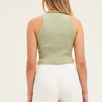 Green Knit Top Sleeveless Crop Round Neck