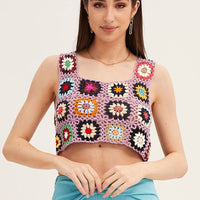 Multi Crochet Top Crop Square Neck