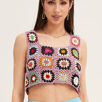 Multi Crochet Top Crop Square Neck
