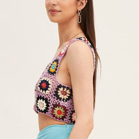 Multi Crochet Top Crop Square Neck