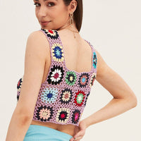 Multi Crochet Top Crop Square Neck