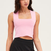 Pink Knit Top Sleeveless Crop Square Neck