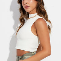 White Knit Top Ribbed High Neck