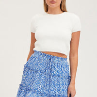 White Knit Top Short Sleeve Round Neck Fluffy