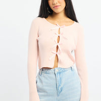 Pink Knit Top Long Sleeve Front Ribbon