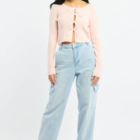 Pink Knit Top Long Sleeve Front Ribbon