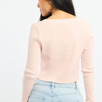 Pink Knit Top Long Sleeve Front Ribbon