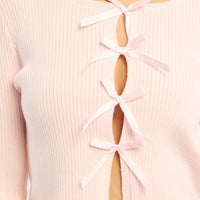 Pink Knit Top Long Sleeve Front Ribbon