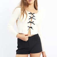 White Knit Top Long Sleeve Front Ribbon