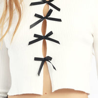 White Knit Top Long Sleeve Front Ribbon