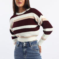 Red Stripe Knit Top Long Sleeve Color Block