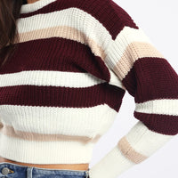 Red Stripe Knit Top Long Sleeve Color Block
