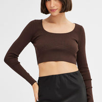 Brown Knit Top Long Sleeve Crop