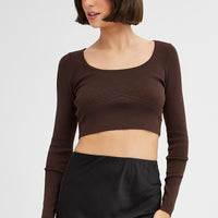Brown Knit Top Long Sleeve Crop