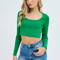 Green Knit Top Long Sleeve Crop