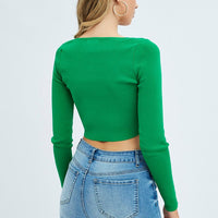 Green Knit Top Long Sleeve Crop