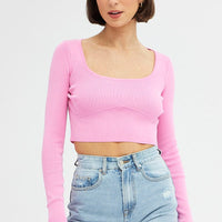 Pink Knit Top Long Sleeve Crop