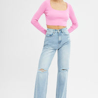 Pink Knit Top Long Sleeve Crop