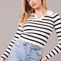White Stripe Knit Top Long Sleeve Collared