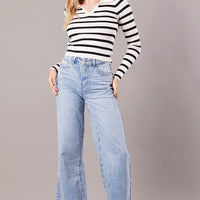 White Stripe Knit Top Long Sleeve Collared