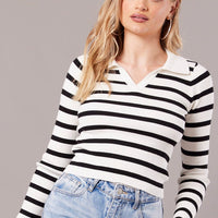White Stripe Knit Top Long Sleeve Collared