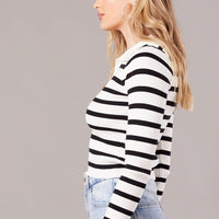 White Stripe Knit Top Long Sleeve Collared