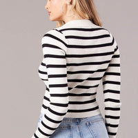 White Stripe Knit Top Long Sleeve Collared