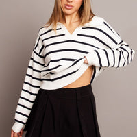 White Stripe Knit Top Long Sleeve Collar