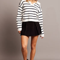 White Stripe Knit Top Long Sleeve Collar