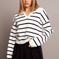 White Stripe Knit Top Long Sleeve Collar