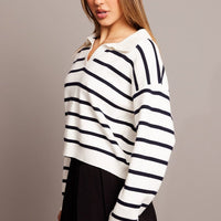 White Stripe Knit Top Long Sleeve Collar