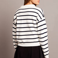 White Stripe Knit Top Long Sleeve Collar