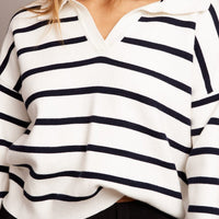 White Stripe Knit Top Long Sleeve Collar